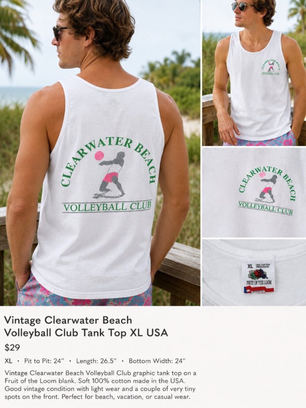 Vintage Clearwater Beach Volleyball Club Tank Top XL USA 90s White Graphic Beach